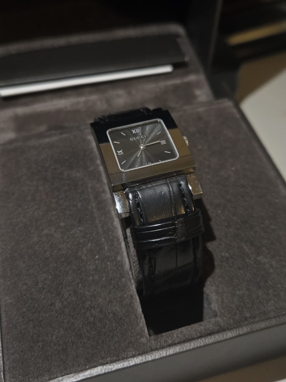 Gucci Black Stainless Square Face Watch with Black Leather Strap